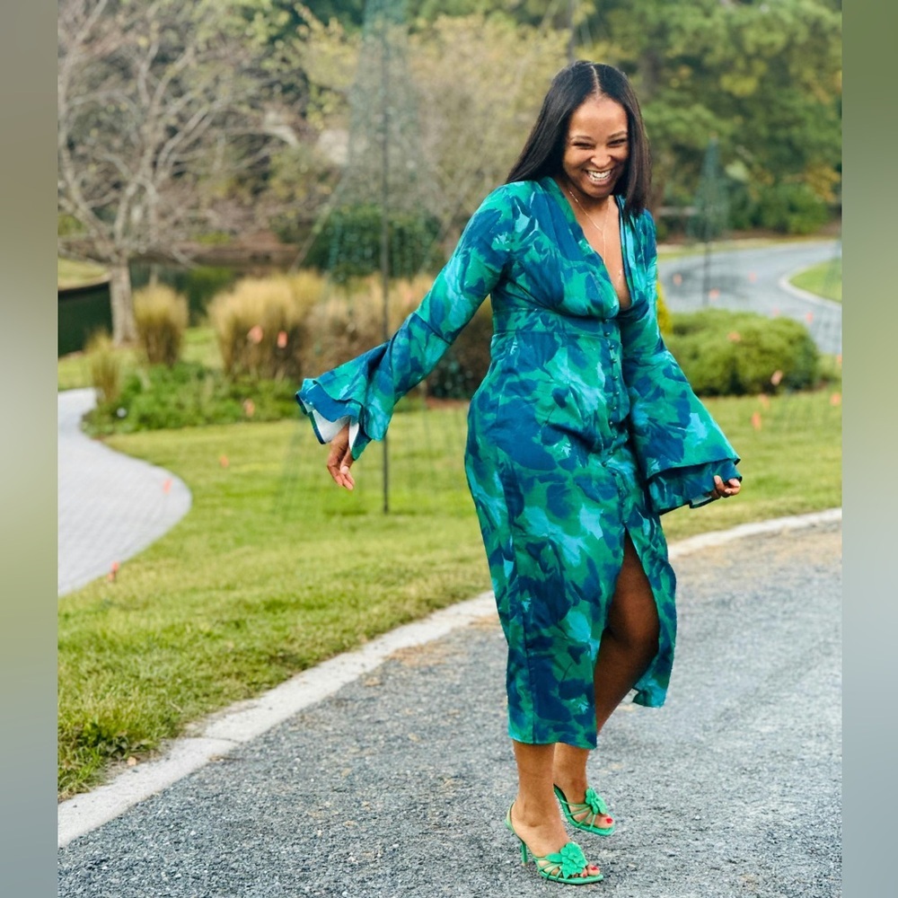 Elegant Green Floral midi dress L ma3-2 - Picture 3 of 6